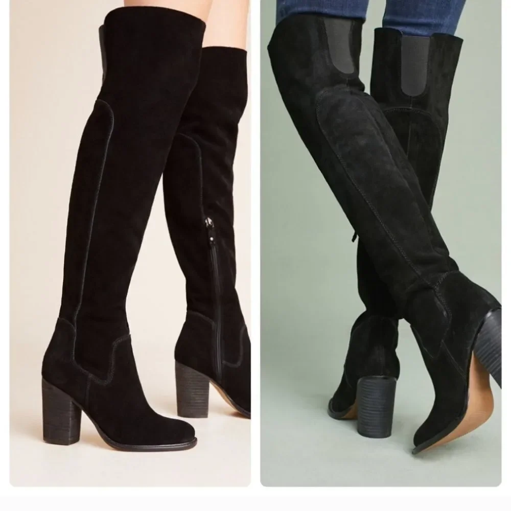 Kelsi Dagger Brooklyn Logan Over The Knee Boots Black Suede Stacked Heel Sz 9.5